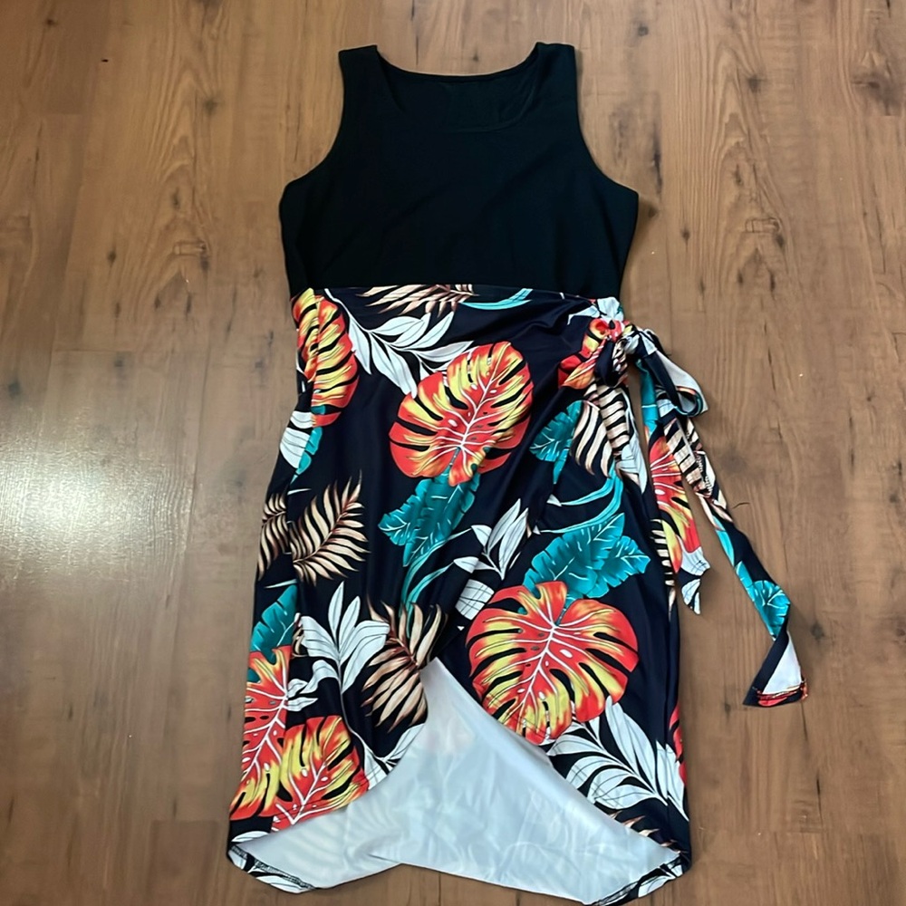 Floral Black Tank Dress with Wrap Skirt